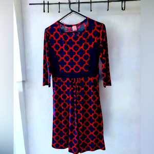 Flirty Pink‎ brand longsleeve dress, in a red & blue pattern, EUC, size Medium